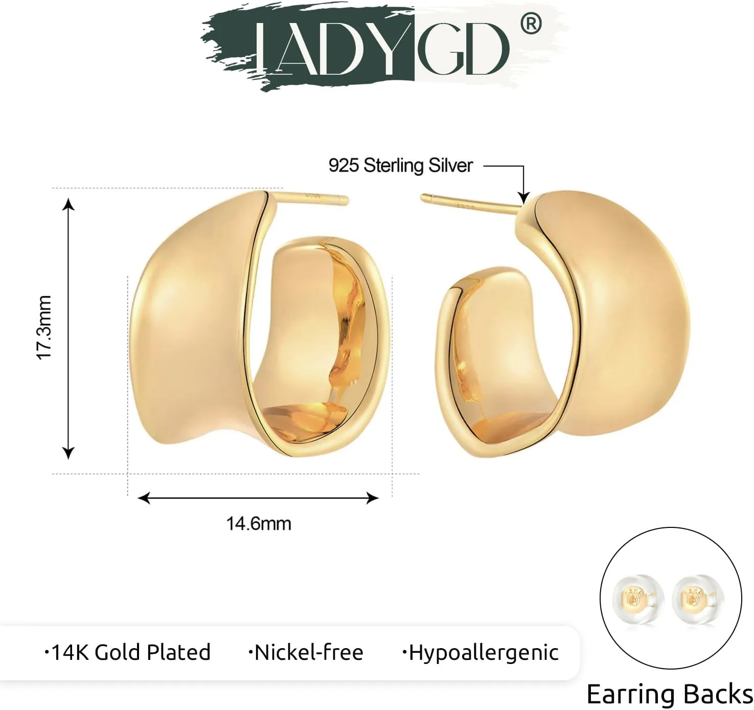 14K Gold Plated 925 Sterling Silver Post Hoop Earrings for Women Gold Polished Open C Shape Earring Hypoallergenic Minimalist Gold Jewelry Gifts
