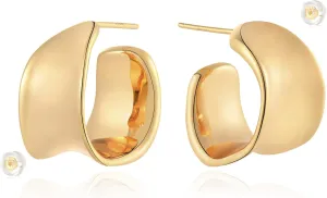 14K Gold Plated 925 Sterling Silver Post Hoop Earrings for Women Gold Polished Open C Shape Earring Hypoallergenic Minimalist Gold Jewelry Gifts
