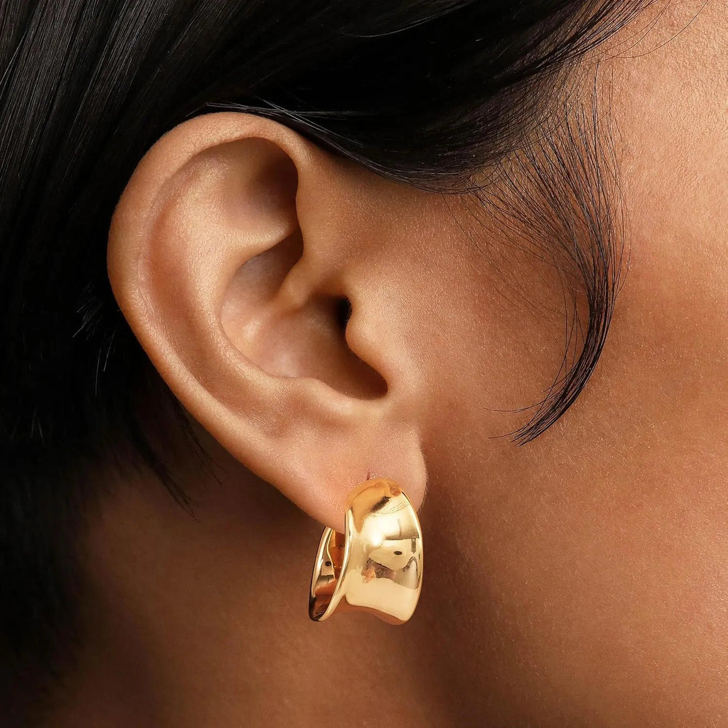 14K Gold Plated 925 Sterling Silver Post Hoop Earrings for Women Gold Polished Open C Shape Earring Hypoallergenic Minimalist Gold Jewelry Gifts