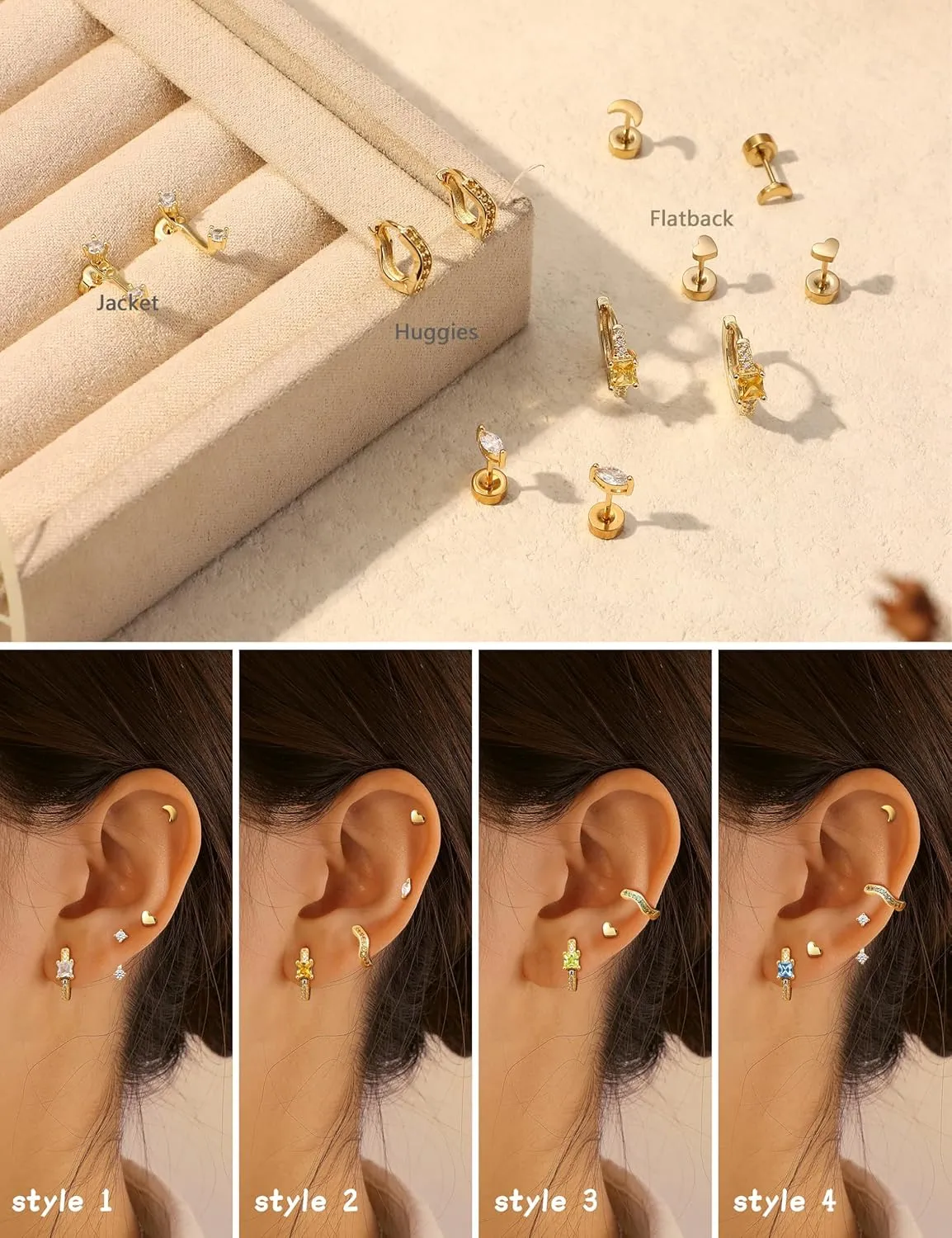 14K Gold Plated Birthstone Cartilage Earrings for Women - 20G Chic Hypoallergenic Surgical Steel Flat Back Studs Huggie Hoops Earring Stacks
