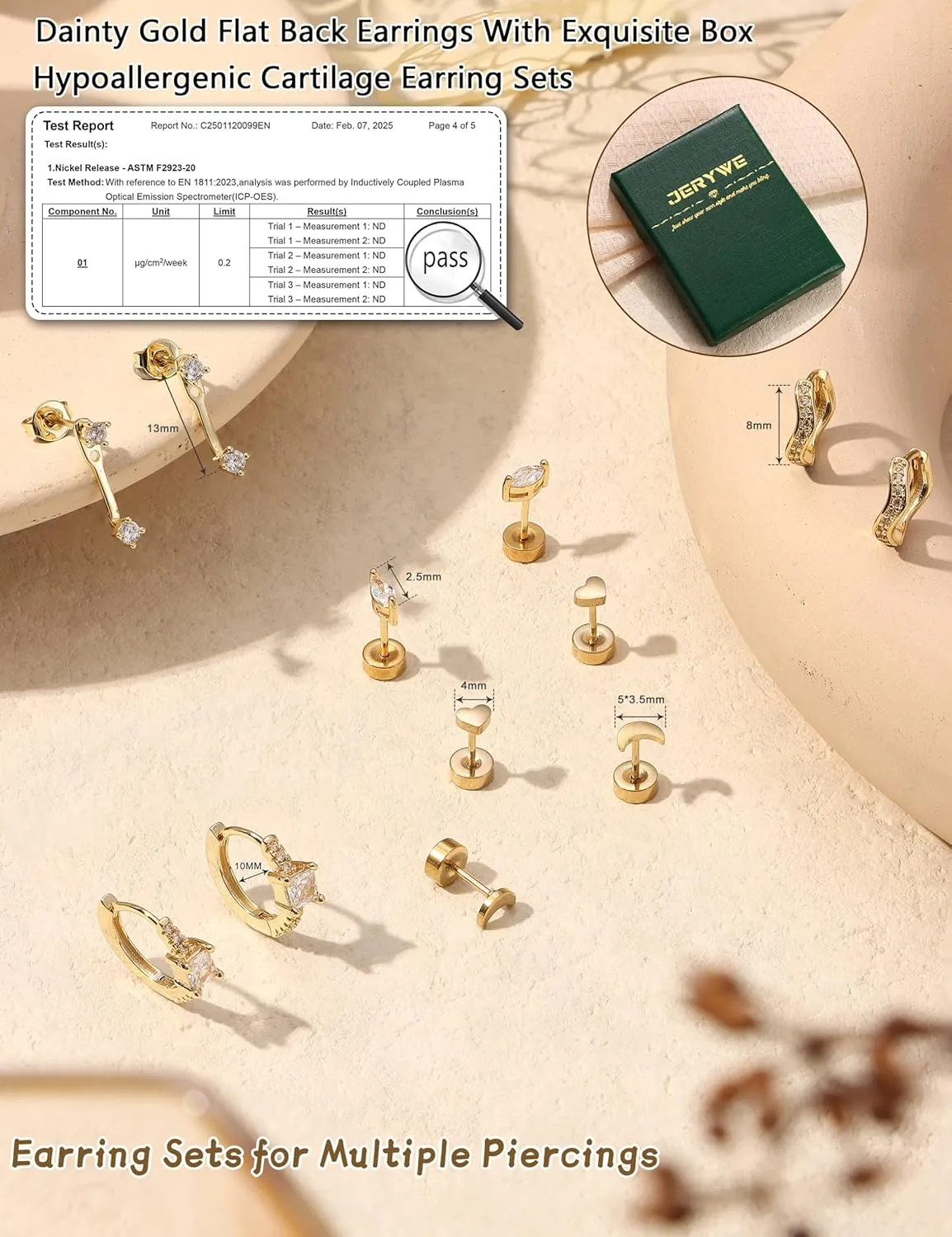 14K Gold Plated Birthstone Cartilage Earrings for Women - 20G Chic Hypoallergenic Surgical Steel Flat Back Studs Huggie Hoops Earring Stacks