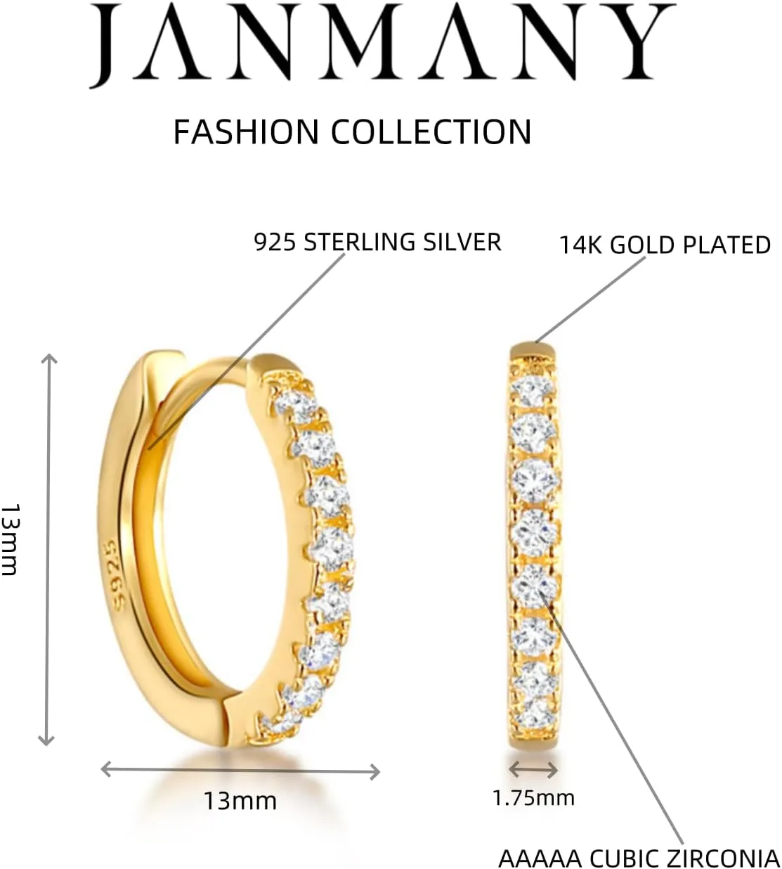 14K Gold Plated Cuff Earrings - Elegant Cubic Zirconia Huggie Studs for Women - Eco-Friendly Fashion