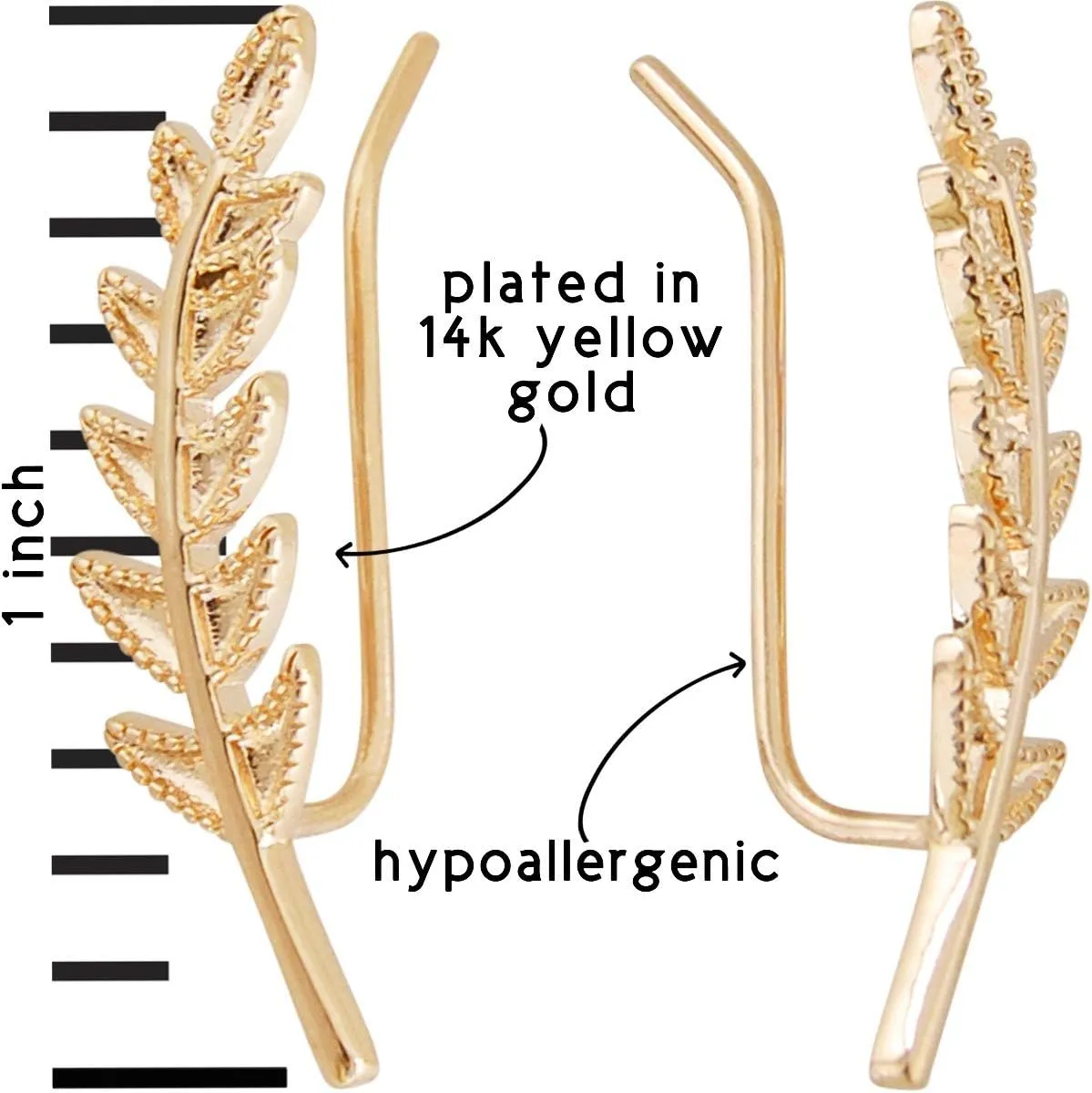 14K Gold Plated or Silver Tone Ear Crawler Earrings for Women - Delicate Leaf Ear Climbers, Hypoallergenic Ear Cuff Studs, Safe for Sensitive Ears