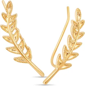 14K Gold Plated or Silver Tone Ear Crawler Earrings for Women - Delicate Leaf Ear Climbers, Hypoallergenic Ear Cuff Studs, Safe for Sensitive Ears