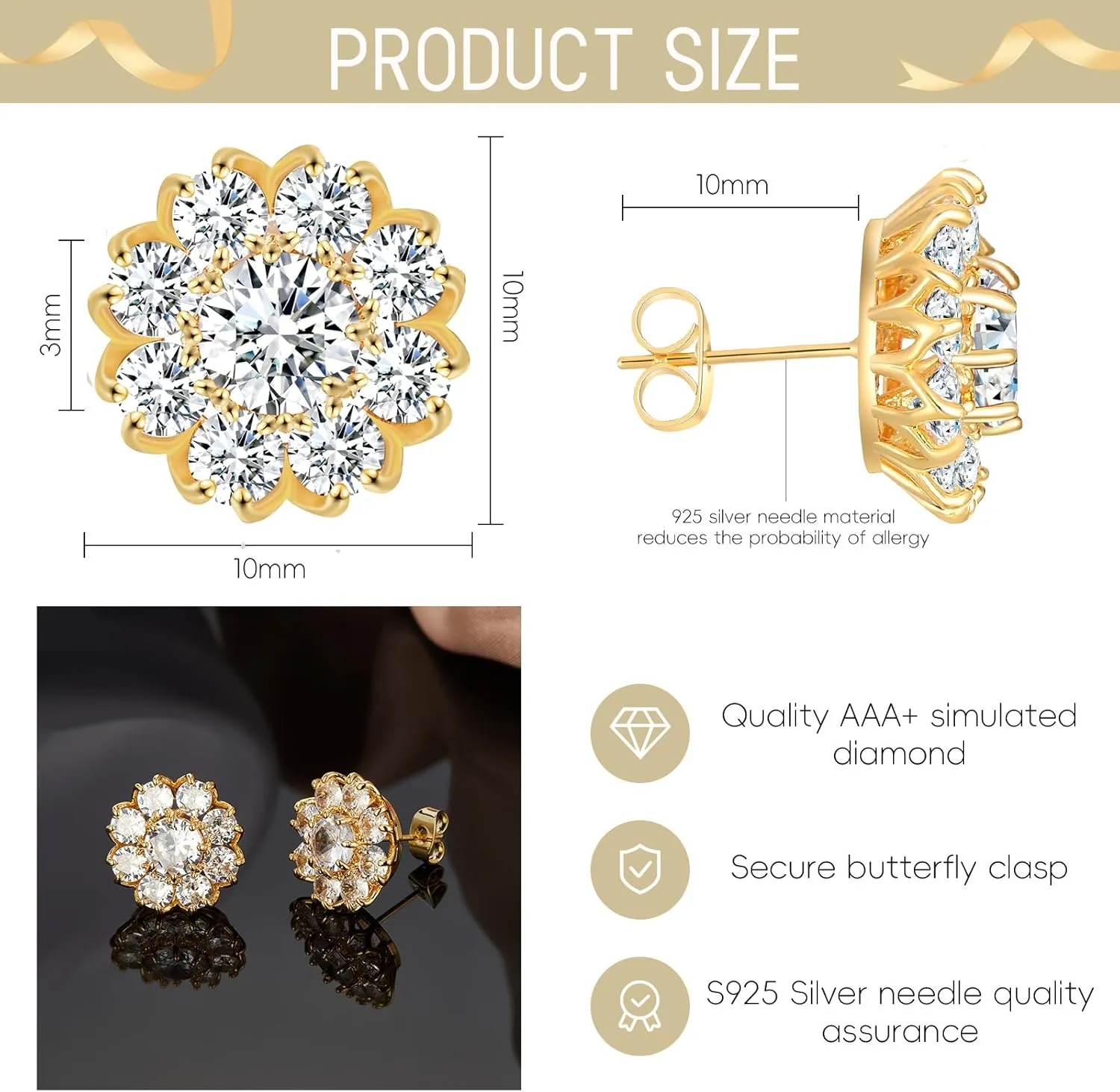 14K Gold Plated Post Brilliant Round Faux Diamond Halo Zirconia Stud Earrings - Premium Cubic Zirconia in Yellow Gold Earrings For Women ,Cubic Zirconia Earrings Studs, Stud Earrings Hypoallergenic for Women