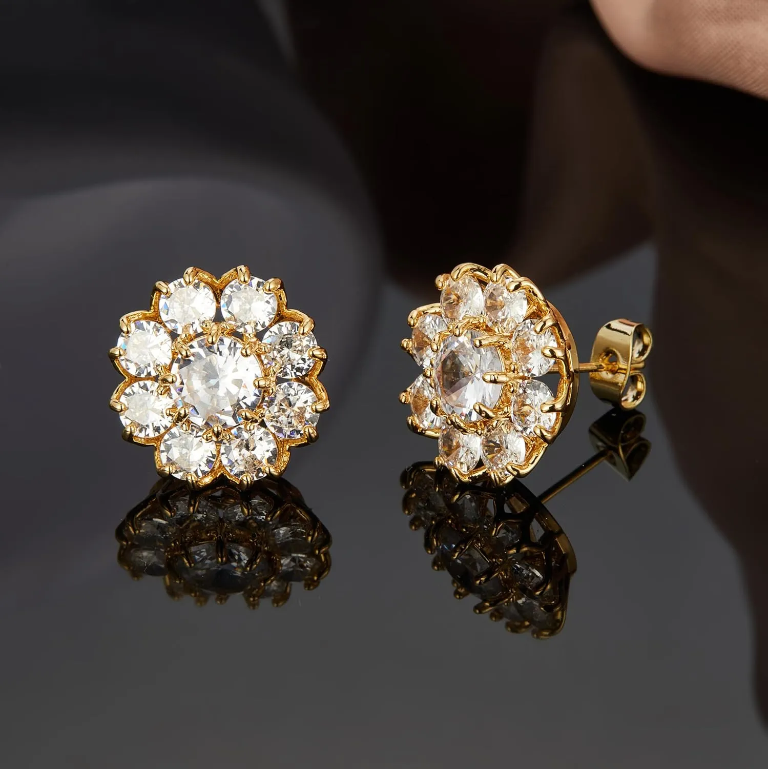 14K Gold Plated Post Brilliant Round Faux Diamond Halo Zirconia Stud Earrings - Premium Cubic Zirconia in Yellow Gold Earrings For Women ,Cubic Zirconia Earrings Studs, Stud Earrings Hypoallergenic for Women