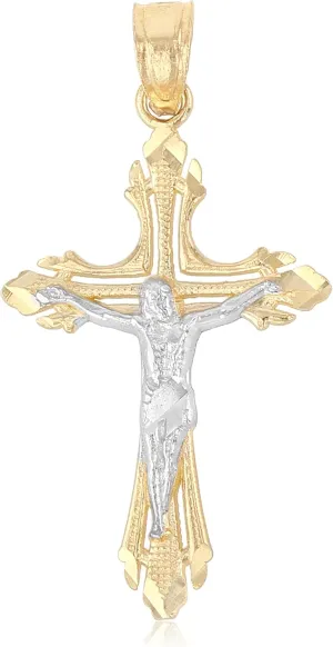 14K Gold Religious Jesus Christ Crucifix Cross Pendant For Necklace or Chain in Two Tone | Small Size Charm