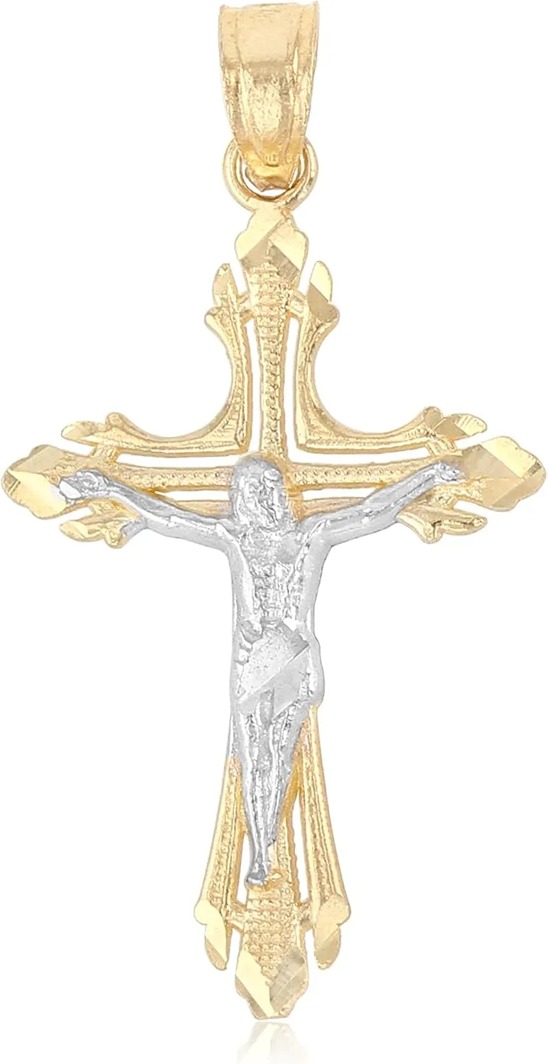 14K Gold Religious Jesus Christ Crucifix Cross Pendant For Necklace or Chain in Two Tone | Small Size Charm