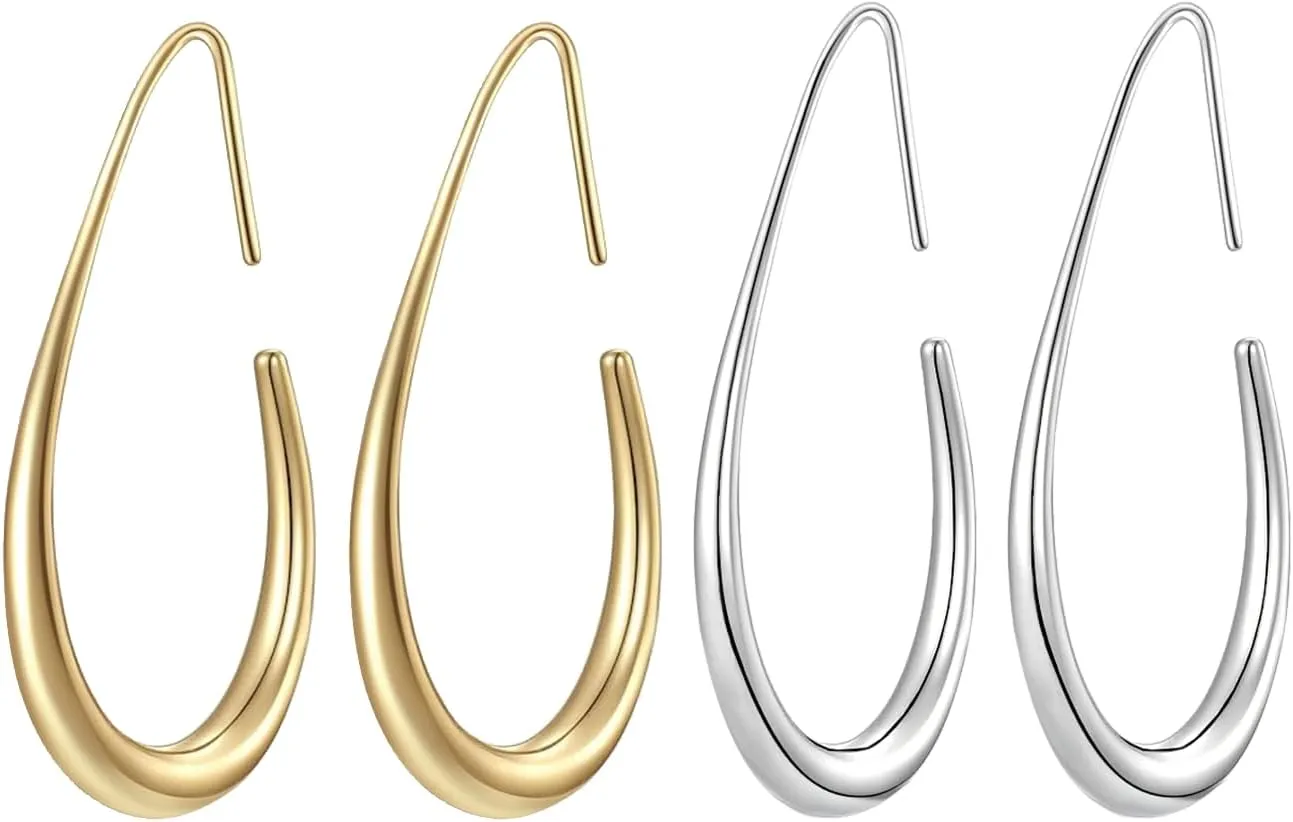 14k Gold/Silver Plated Hypoallergenic Oval Earrings for Women Lightweight Chunky Open Hoops for Women Teardrop Hoop Earrings High Polished Jewelry Trendy Gold Hoop Earrings