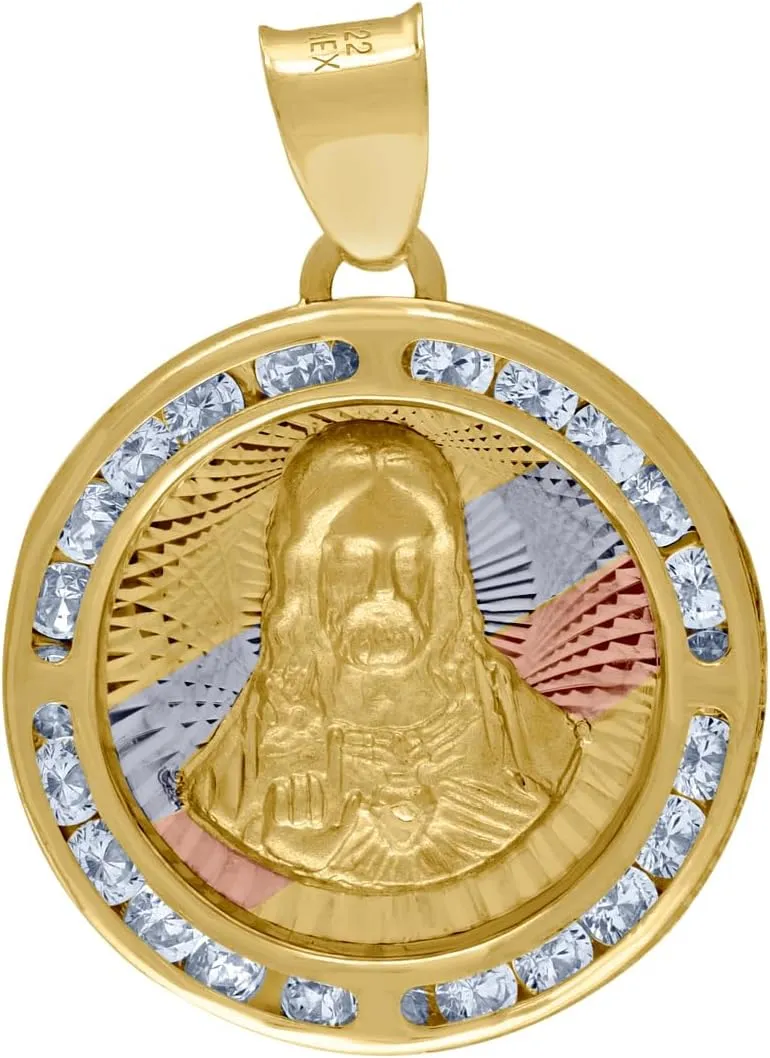 14k Tri color Gold Unisex CZ Cubic Zirconia Simulated Diamond Textured Religious Jesus Charm Pendant Necklace 24.8x18.3mm Wide - Jewelry Gift for Mom