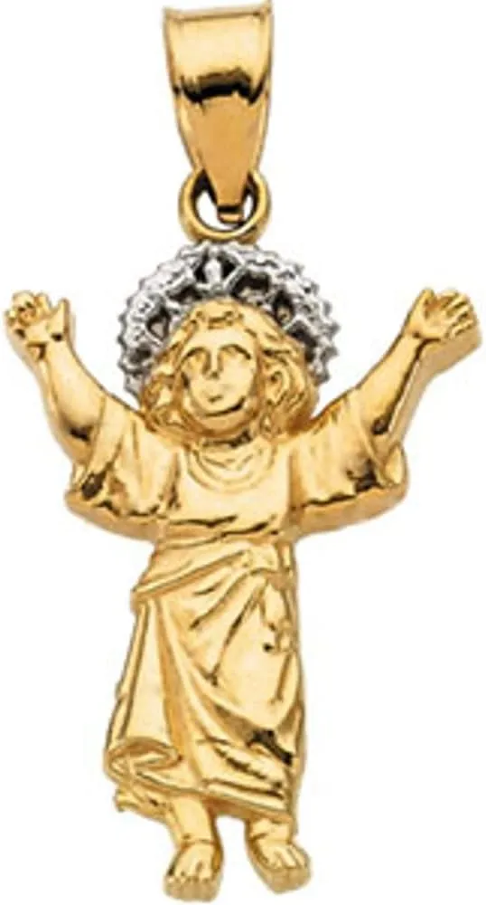 14k White and Yellow Two Tone Gold Divino Nino (Infant Jesus) Religious Spiritual Pendant Fine Jewelry for Women Gifts for Her (26x18.75mm)