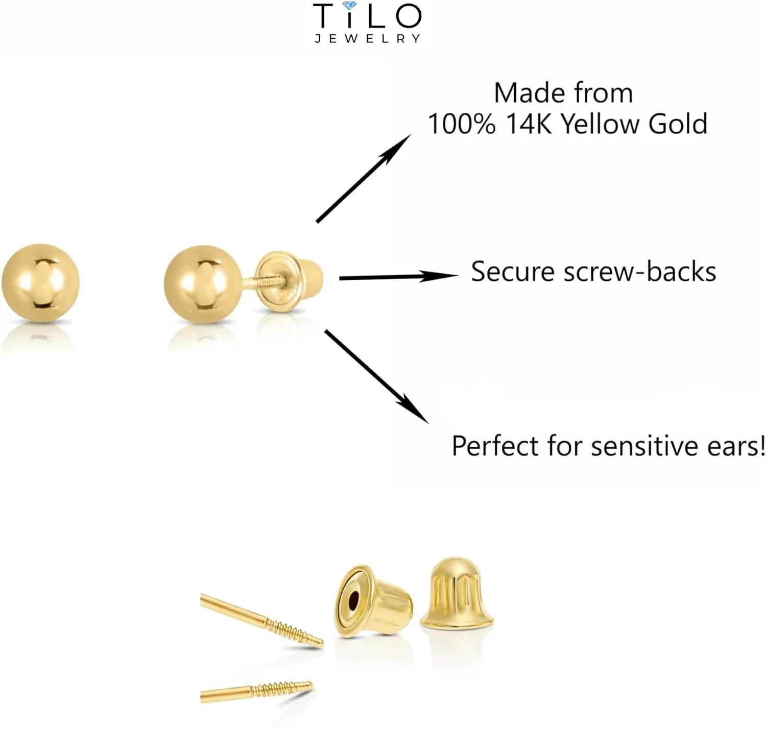 14k Yellow Gold Ball Stud Earrings with Secure Screw-backs