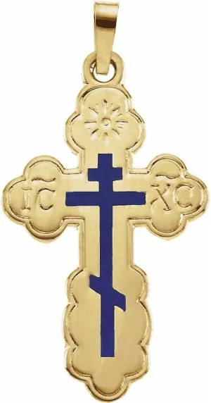 14k Yellow Gold Blue Inlayed Orthodox Cross Pendant Necklace