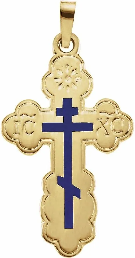 14k Yellow Gold Blue Inlayed Orthodox Cross Pendant Necklace