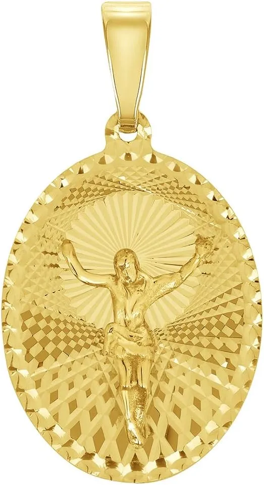 14k Yellow Gold Oval Shape Jesus Crucifix Charm Textured Medallion Pendant - 4 Sizes