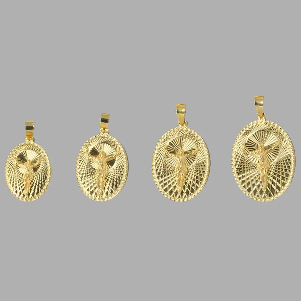 14k Yellow Gold Oval Shape Jesus Crucifix Charm Textured Medallion Pendant - 4 Sizes