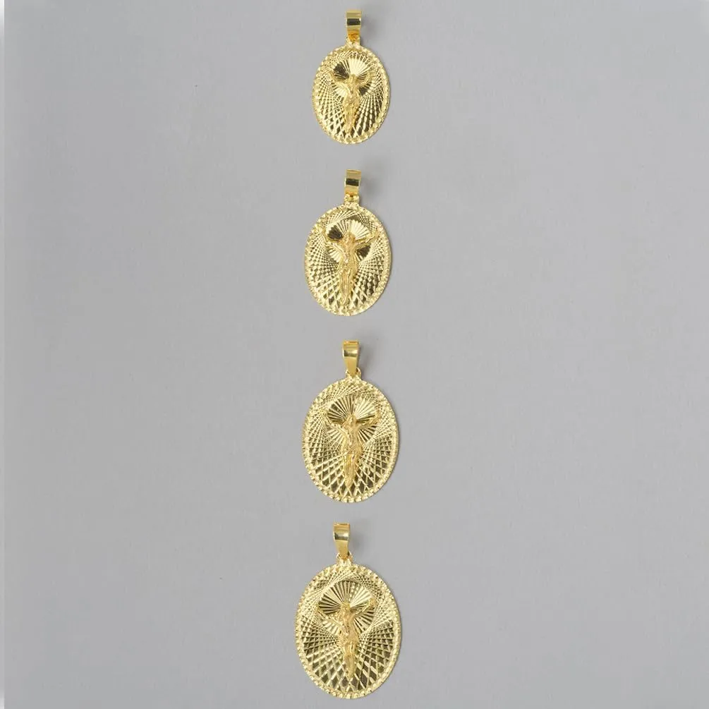 14k Yellow Gold Oval Shape Jesus Crucifix Charm Textured Medallion Pendant - 4 Sizes