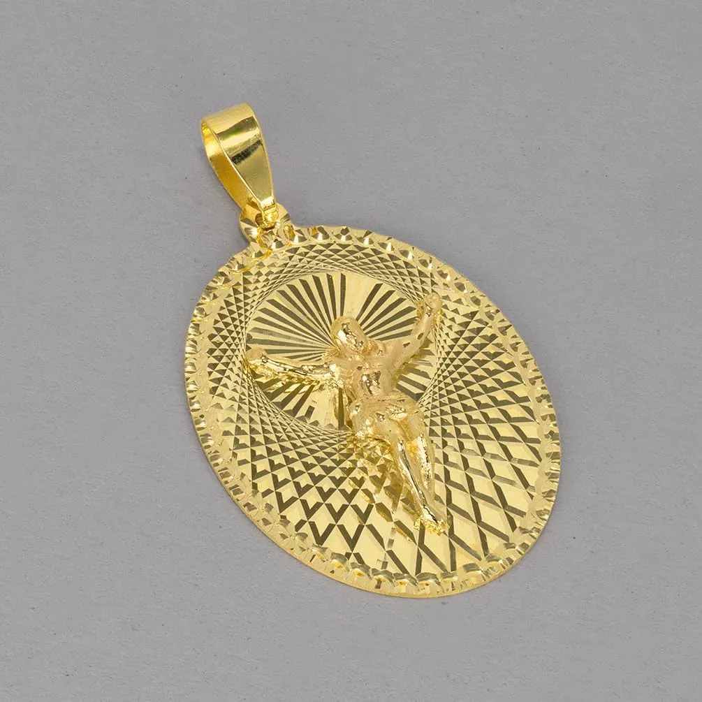 14k Yellow Gold Oval Shape Jesus Crucifix Charm Textured Medallion Pendant - 4 Sizes
