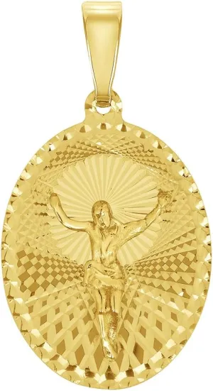14k Yellow Gold Oval Shape Jesus Crucifix Charm Textured Medallion Pendant - 4 Sizes