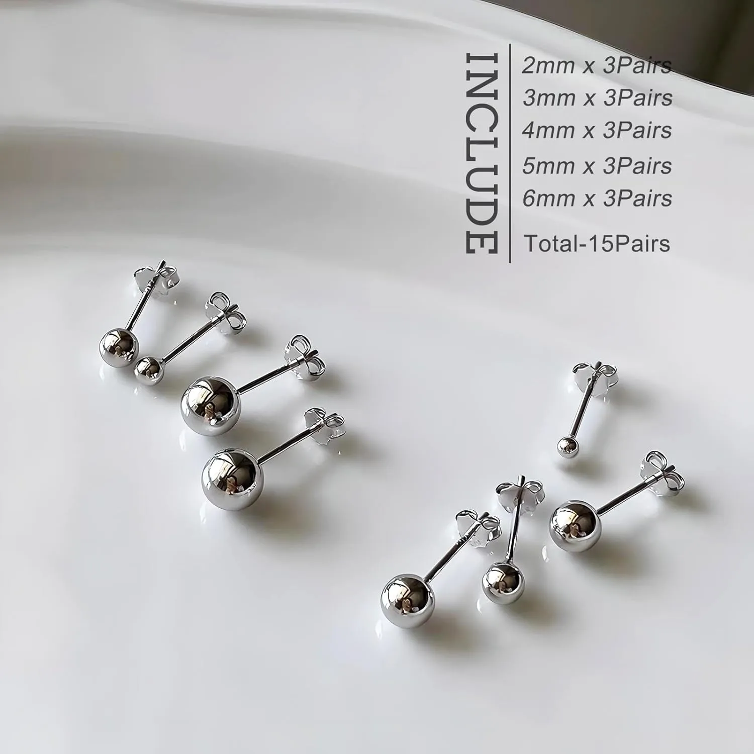 15 Pairs Surgical Steel Ball Stud Earrings Set for Women & Men, 2-6mm, Silver & Gold, Hypoallergenic, 316L Stianless Steel