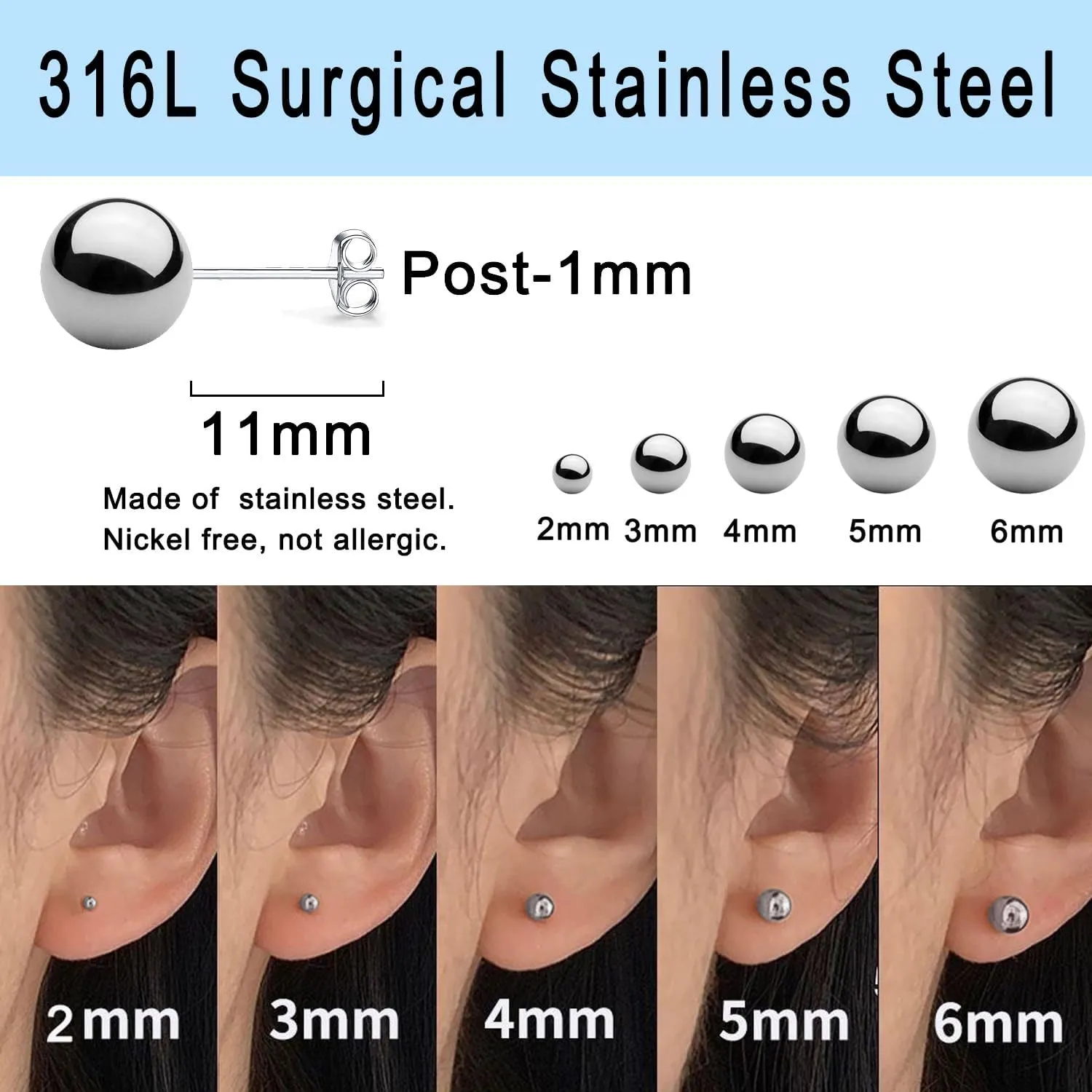 15 Pairs Surgical Steel Ball Stud Earrings Set for Women & Men, 2-6mm, Silver & Gold, Hypoallergenic, 316L Stianless Steel