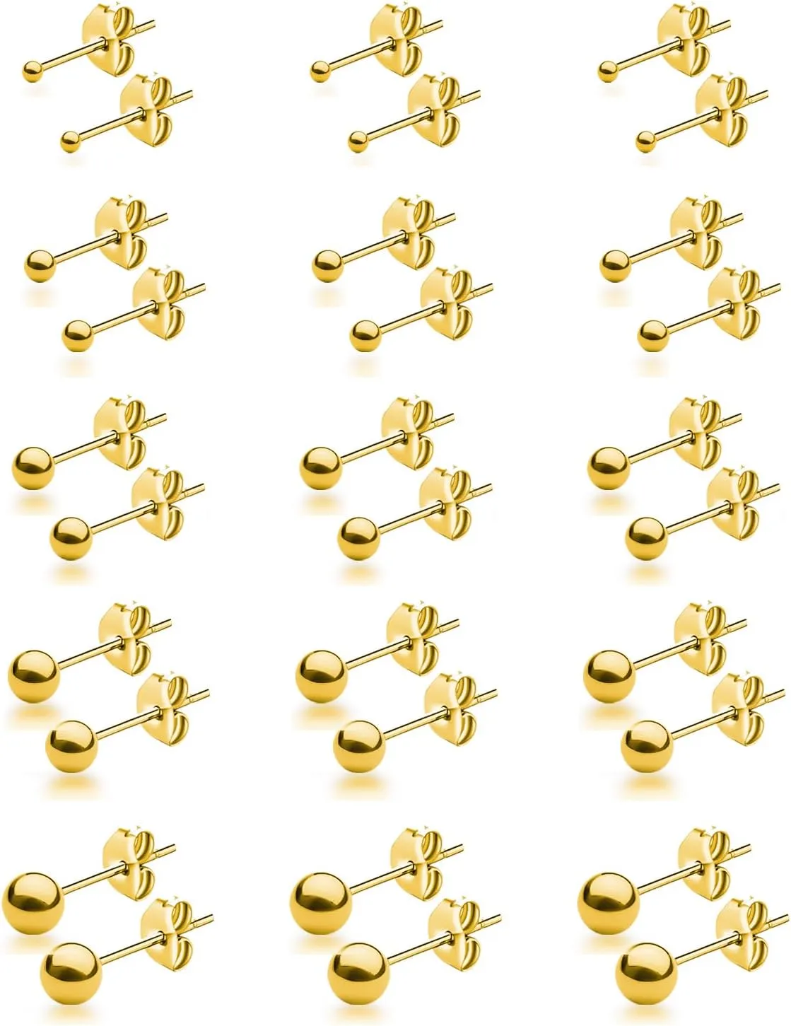 15 Pairs Surgical Steel Ball Stud Earrings Set for Women & Men, 2-6mm, Silver & Gold, Hypoallergenic, 316L Stianless Steel
