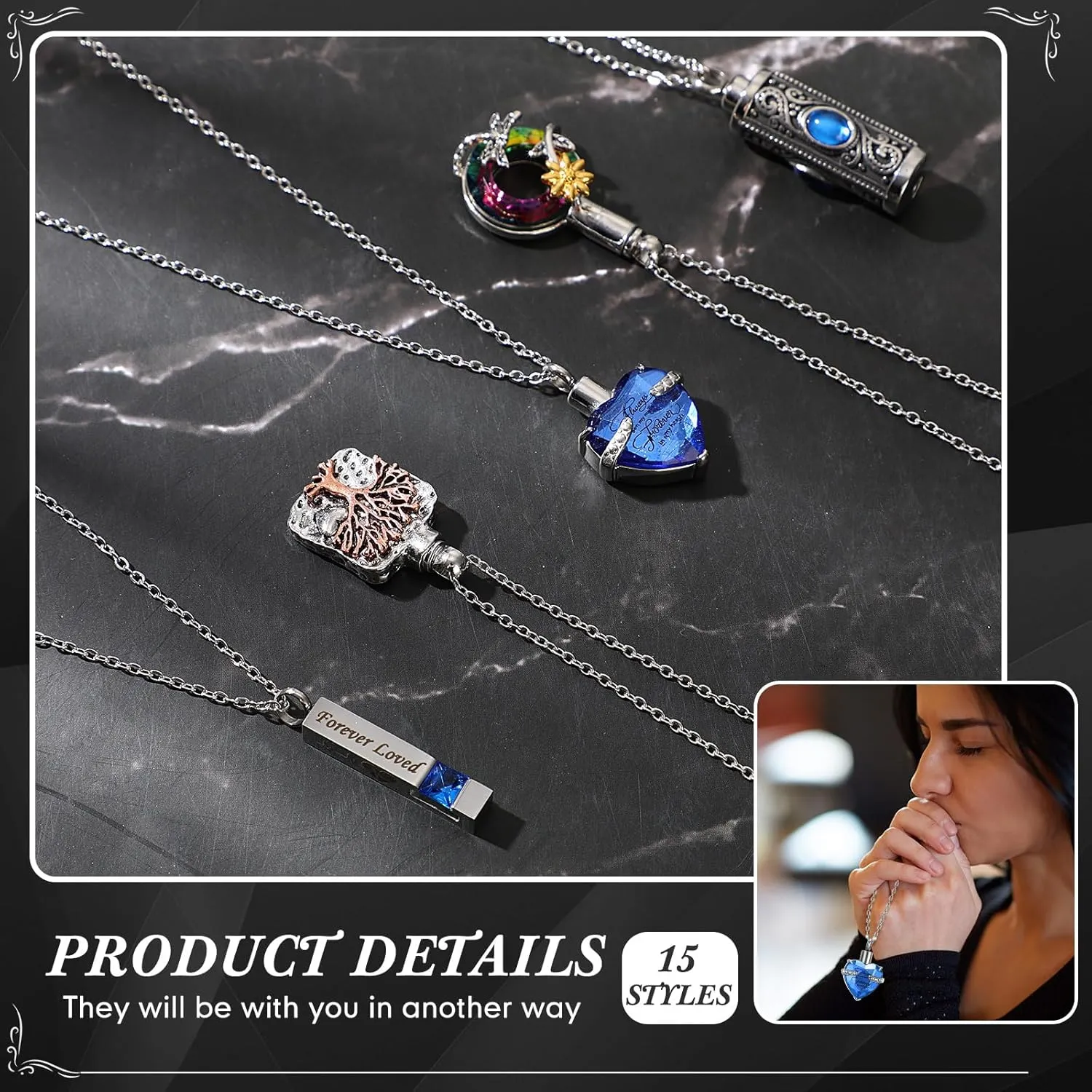 15 Pcs Urn Necklace for Ashes Keepsake Cremation Jewelry Stainless Steel Cross Heart Cubic Locket Ashes Necklace