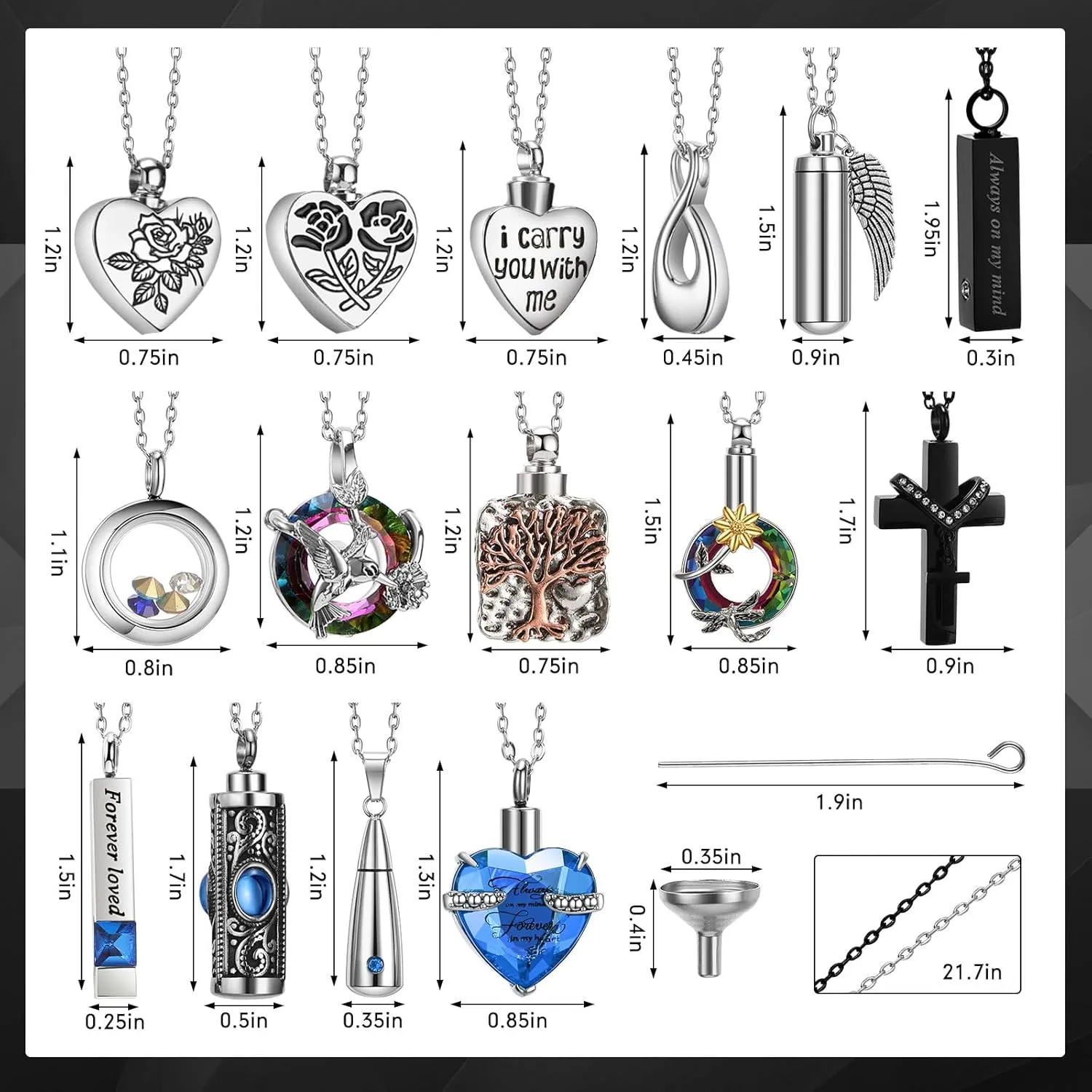 15 Pcs Urn Necklace for Ashes Keepsake Cremation Jewelry Stainless Steel Cross Heart Cubic Locket Ashes Necklace