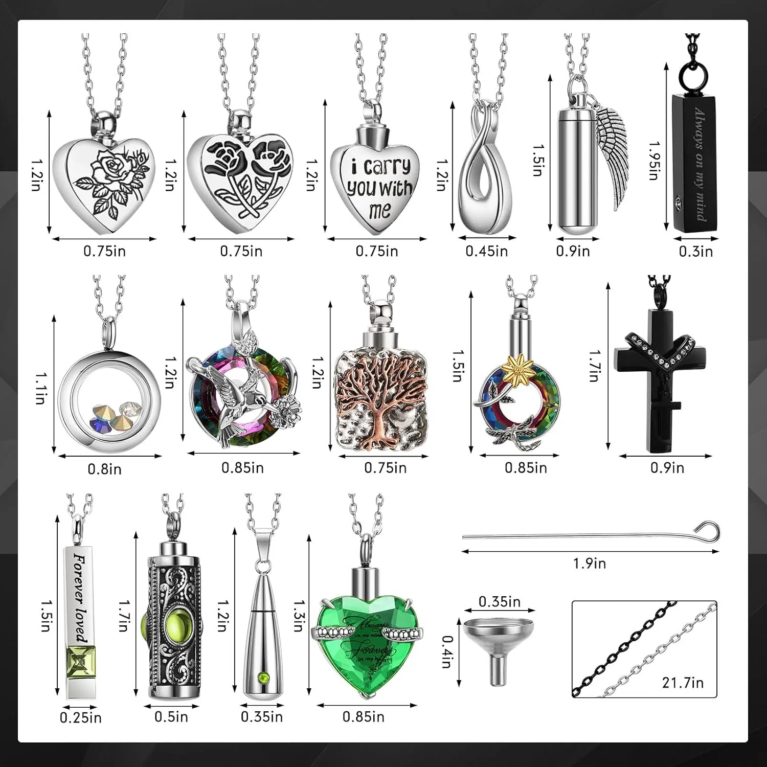 15 Pcs Urn Necklace for Ashes Keepsake Cremation Jewelry Stainless Steel Cross Heart Cubic Locket Ashes Necklace