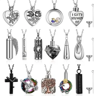 15 Pcs Urn Necklace for Ashes Keepsake Cremation Jewelry Stainless Steel Cross Heart Cubic Locket Ashes Necklace