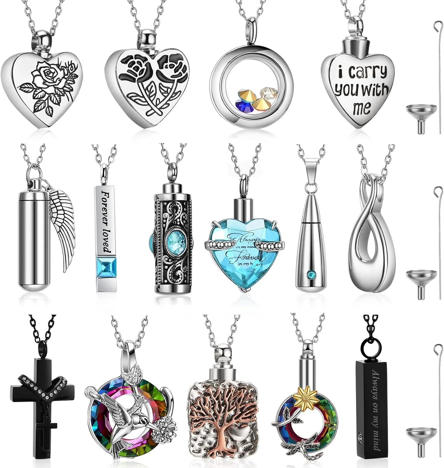 15 Pcs Urn Necklace for Ashes Keepsake Cremation Jewelry Stainless Steel Cross Heart Cubic Locket Ashes Necklace