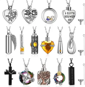 15 Pcs Urn Necklace for Ashes Keepsake Cremation Jewelry Stainless Steel Cross Heart Cubic Locket Ashes Necklace
