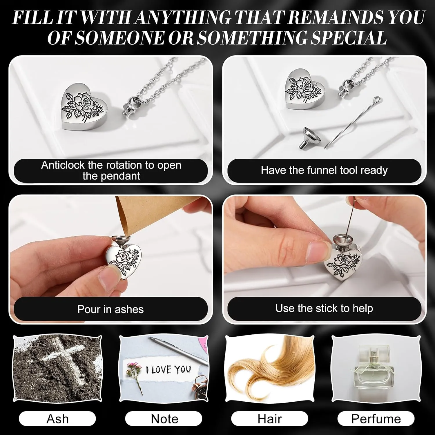 15 Pcs Urn Necklace for Ashes Keepsake Cremation Jewelry Stainless Steel Cross Heart Cubic Locket Ashes Necklace