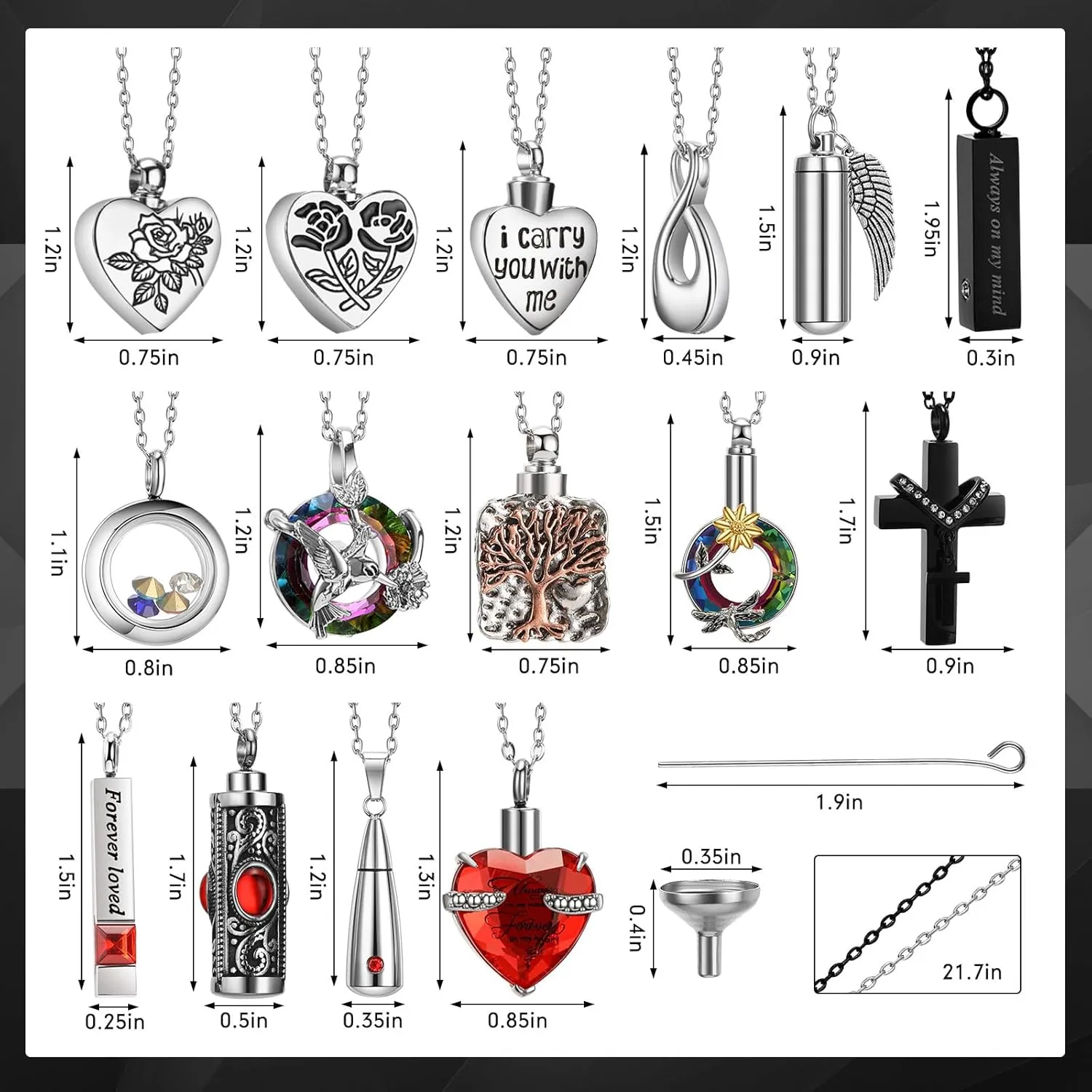 15 Pcs Urn Necklace for Ashes Keepsake Cremation Jewelry Stainless Steel Cross Heart Cubic Locket Ashes Necklace