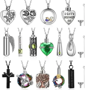 15 Pcs Urn Necklace for Ashes Keepsake Cremation Jewelry Stainless Steel Cross Heart Cubic Locket Ashes Necklace