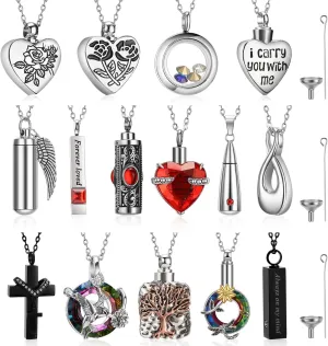 15 Pcs Urn Necklace for Ashes Keepsake Cremation Jewelry Stainless Steel Cross Heart Cubic Locket Ashes Necklace