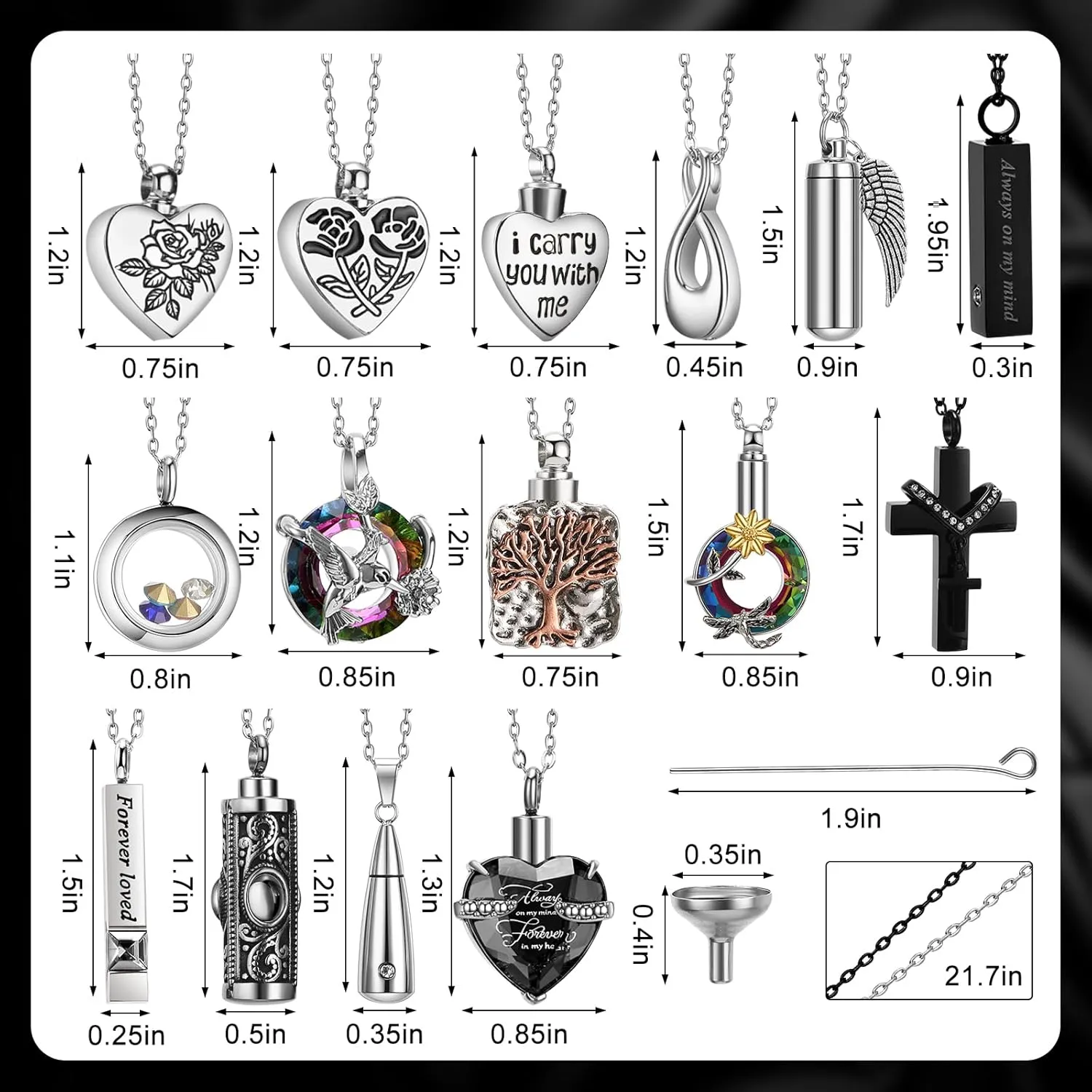 15 Pcs Urn Necklace for Ashes Keepsake Cremation Jewelry Stainless Steel Cross Heart Cubic Locket Ashes Necklace