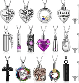 15 Pcs Urn Necklace for Ashes Keepsake Cremation Jewelry Stainless Steel Cross Heart Cubic Locket Ashes Necklace