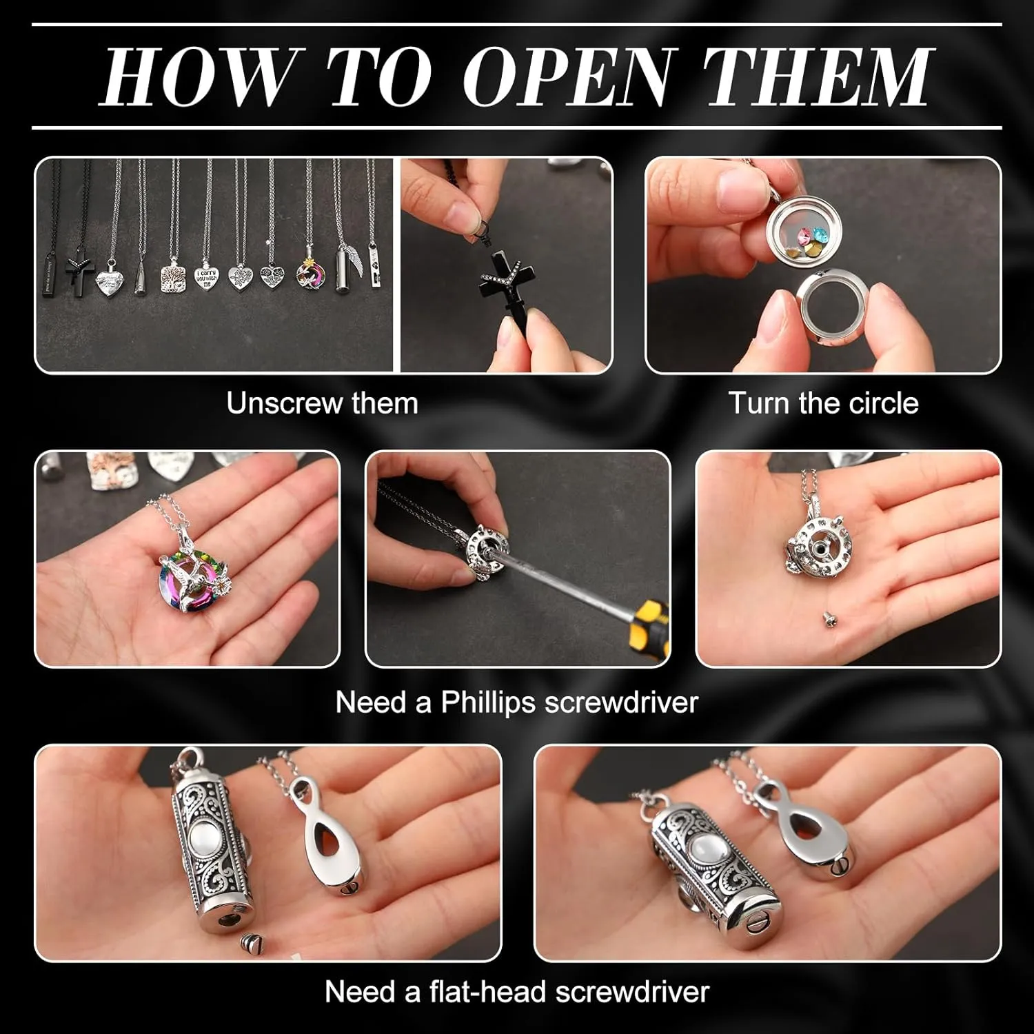 15 Pcs Urn Necklace for Ashes Keepsake Cremation Jewelry Stainless Steel Cross Heart Cubic Locket Ashes Necklace