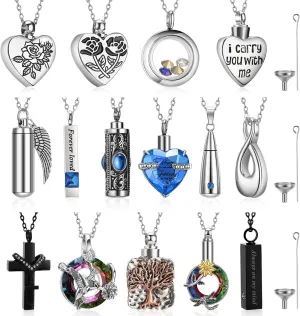 15 Pcs Urn Necklace for Ashes Keepsake Cremation Jewelry Stainless Steel Cross Heart Cubic Locket Ashes Necklace