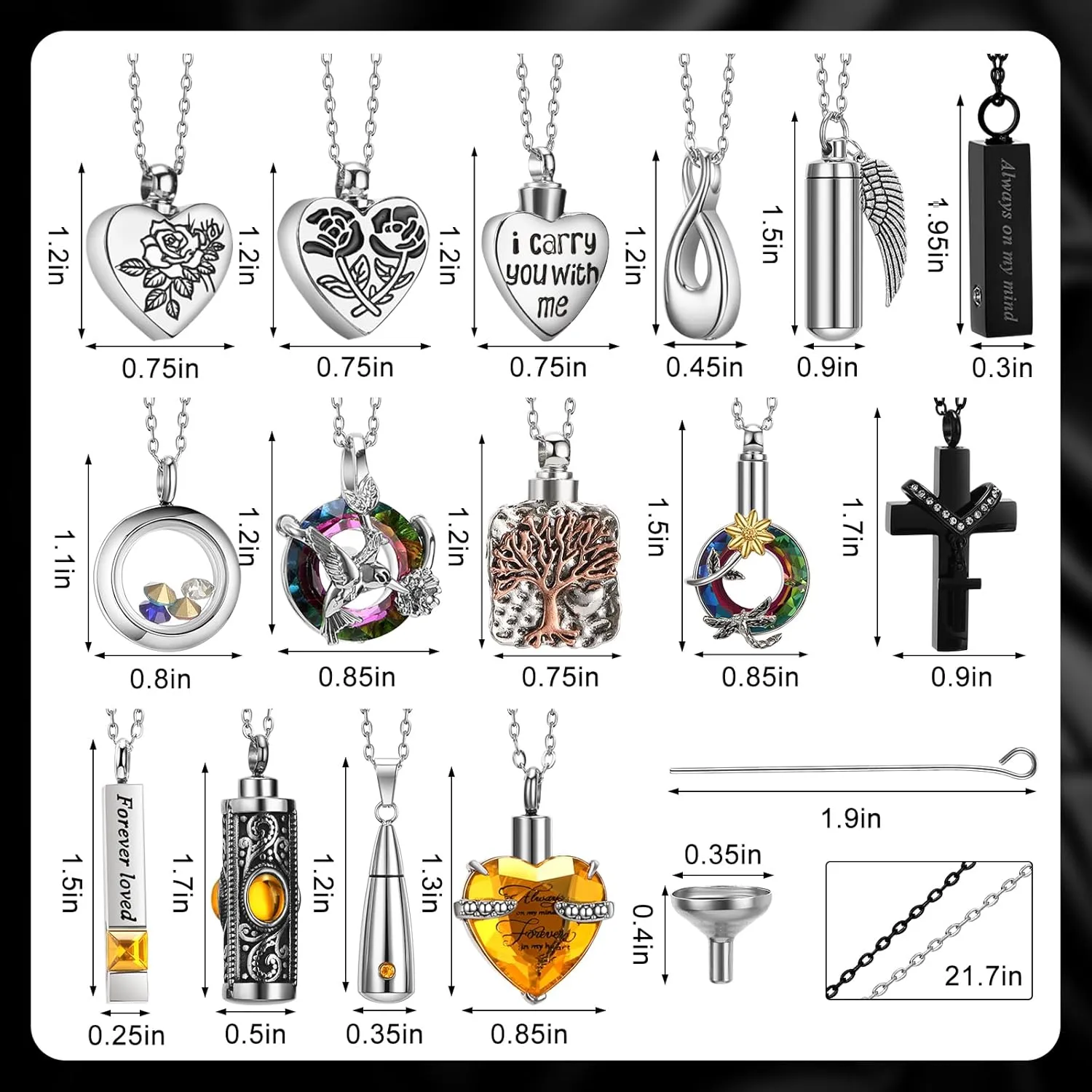 15 Pcs Urn Necklace for Ashes Keepsake Cremation Jewelry Stainless Steel Cross Heart Cubic Locket Ashes Necklace