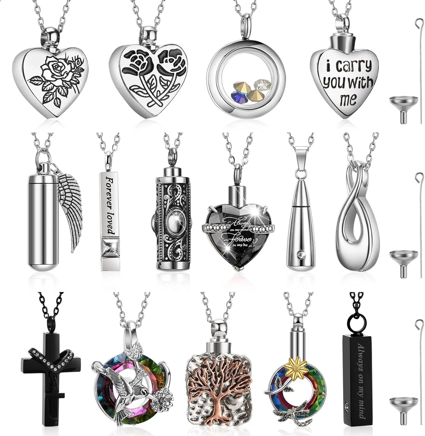 15 Pcs Urn Necklace for Ashes Keepsake Cremation Jewelry Stainless Steel Cross Heart Cubic Locket Ashes Necklace