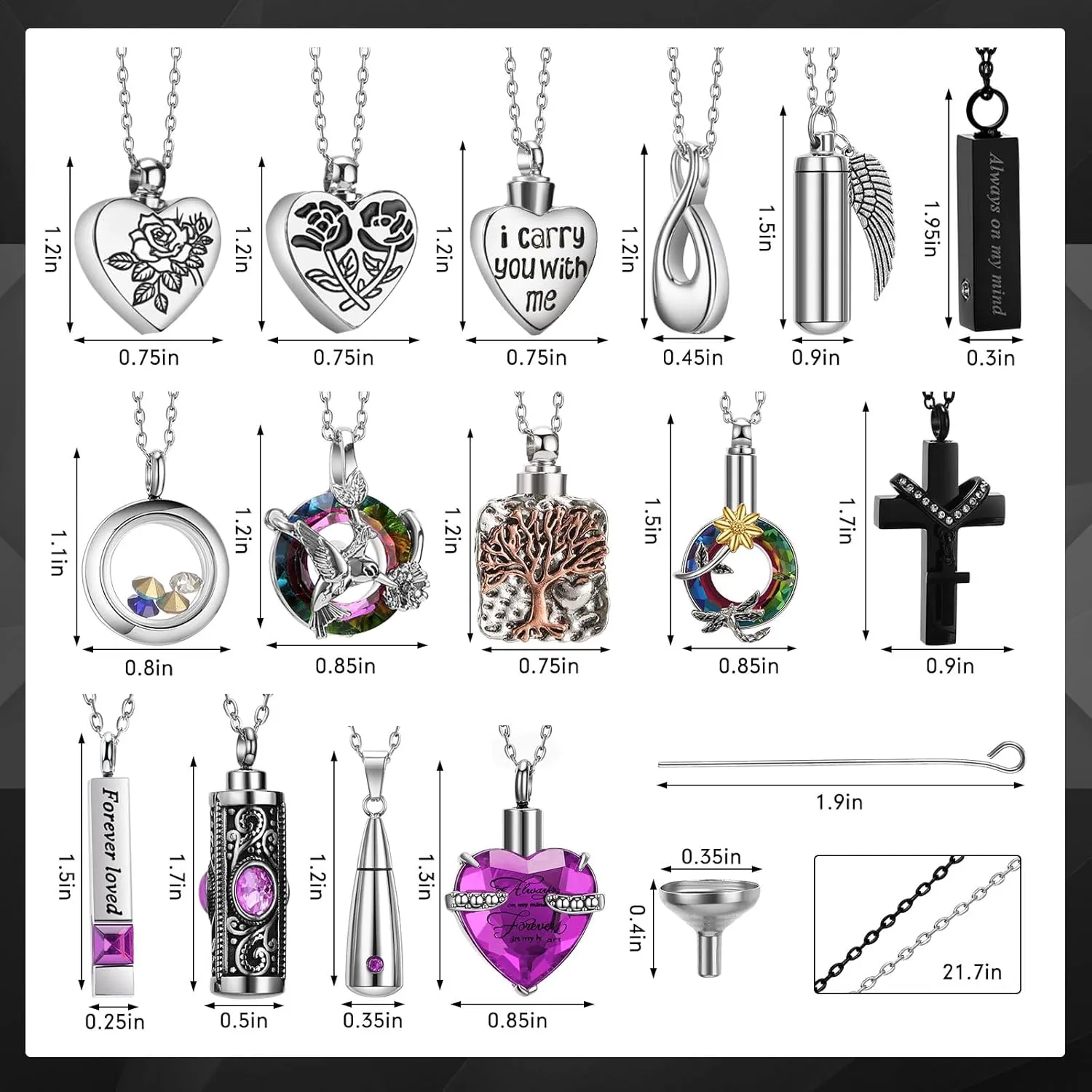 15 Pcs Urn Necklace for Ashes Keepsake Cremation Jewelry Stainless Steel Cross Heart Cubic Locket Ashes Necklace