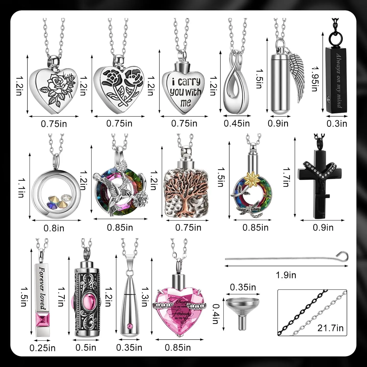 15 Pcs Urn Necklace for Ashes Keepsake Cremation Jewelry Stainless Steel Cross Heart Cubic Locket Ashes Necklace
