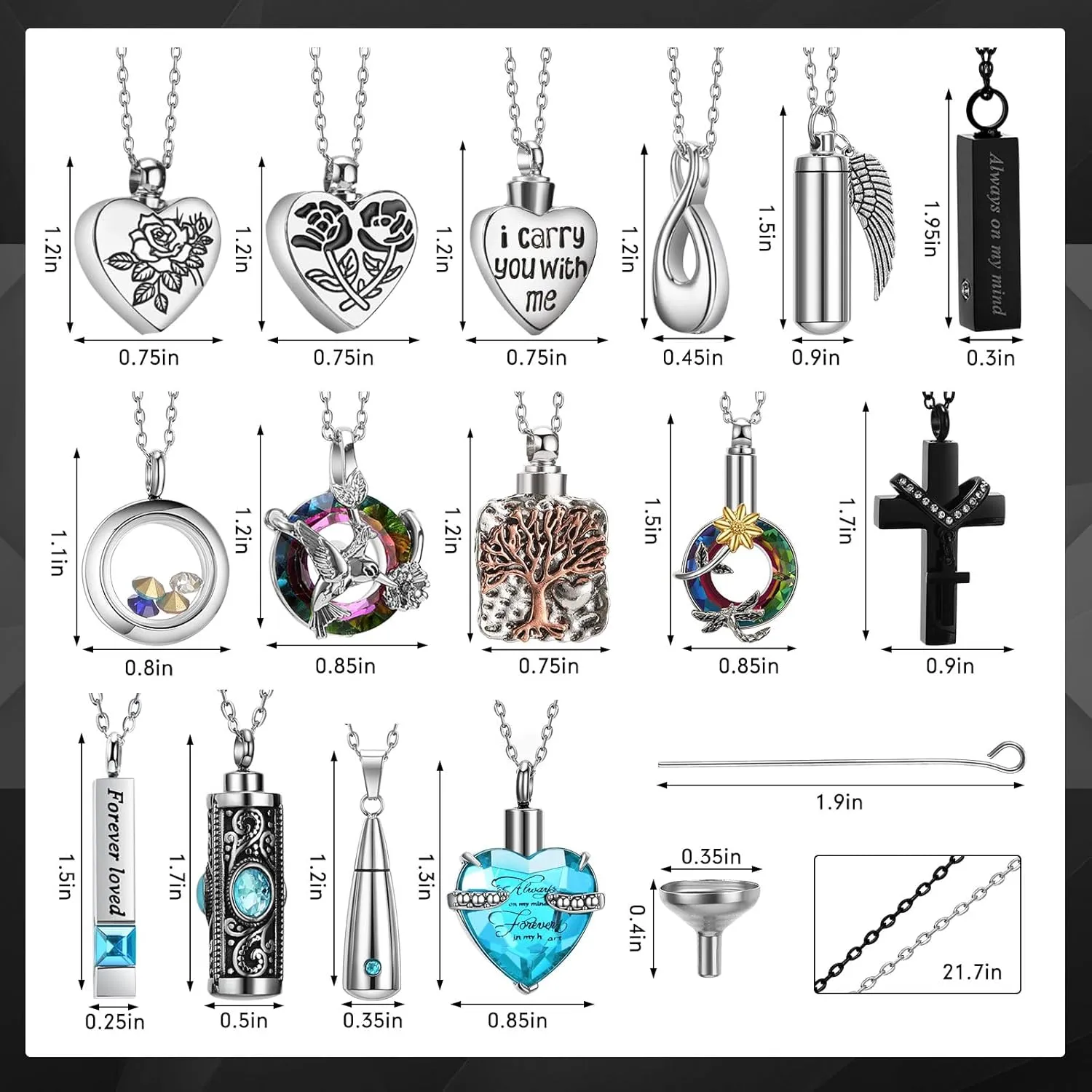 15 Pcs Urn Necklace for Ashes Keepsake Cremation Jewelry Stainless Steel Cross Heart Cubic Locket Ashes Necklace
