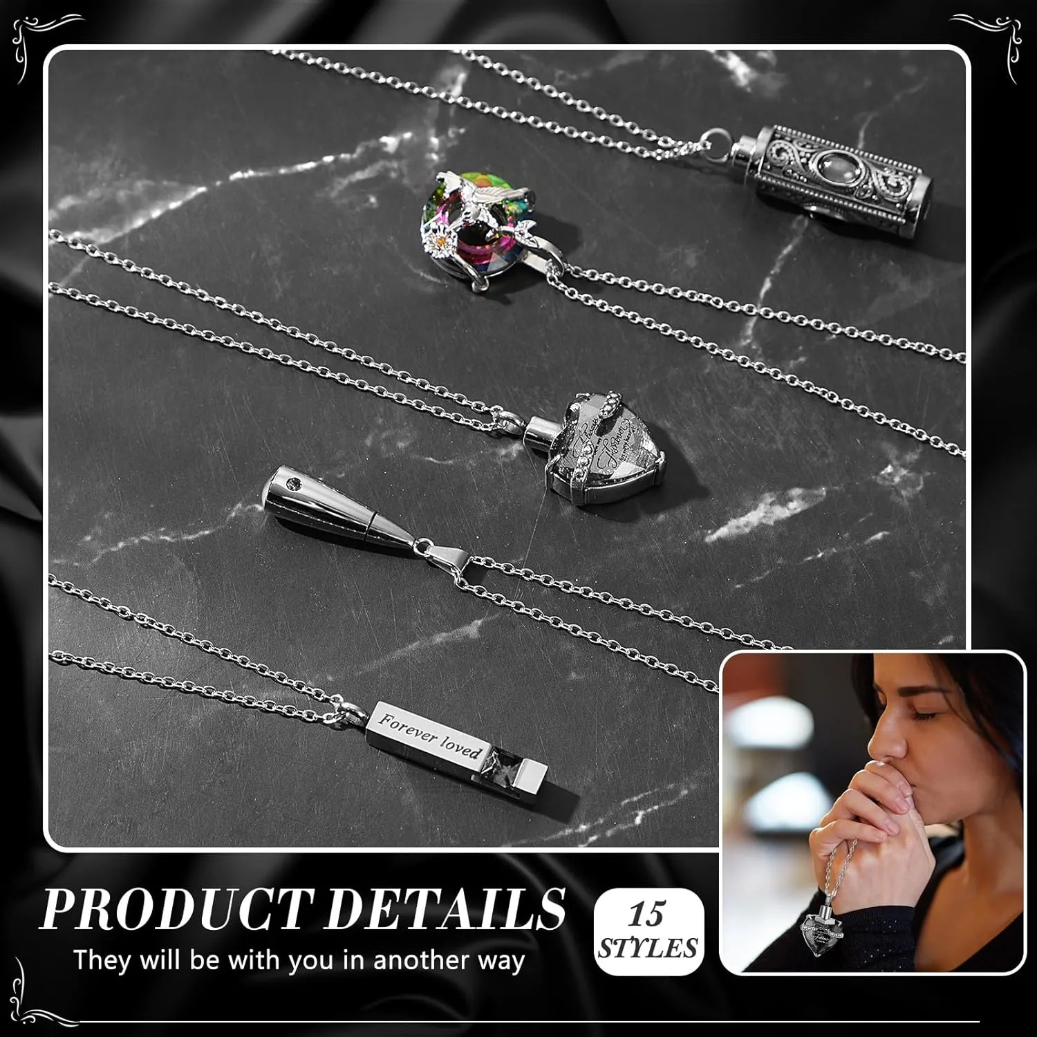15 Pcs Urn Necklace for Ashes Keepsake Cremation Jewelry Stainless Steel Cross Heart Cubic Locket Ashes Necklace