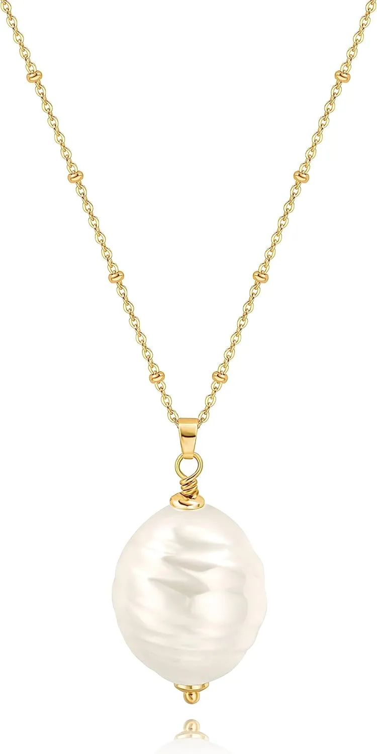 18k Gold Chain Link Necklace for Women, Baroque Pearl/Compass Pendant Necklace
