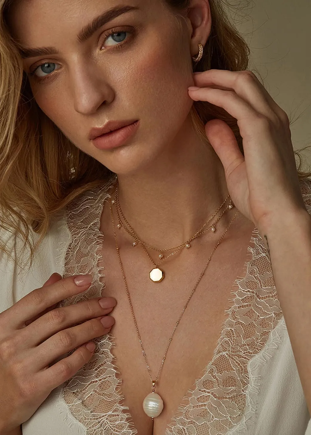 18k Gold Chain Link Necklace for Women, Baroque Pearl/Compass Pendant Necklace