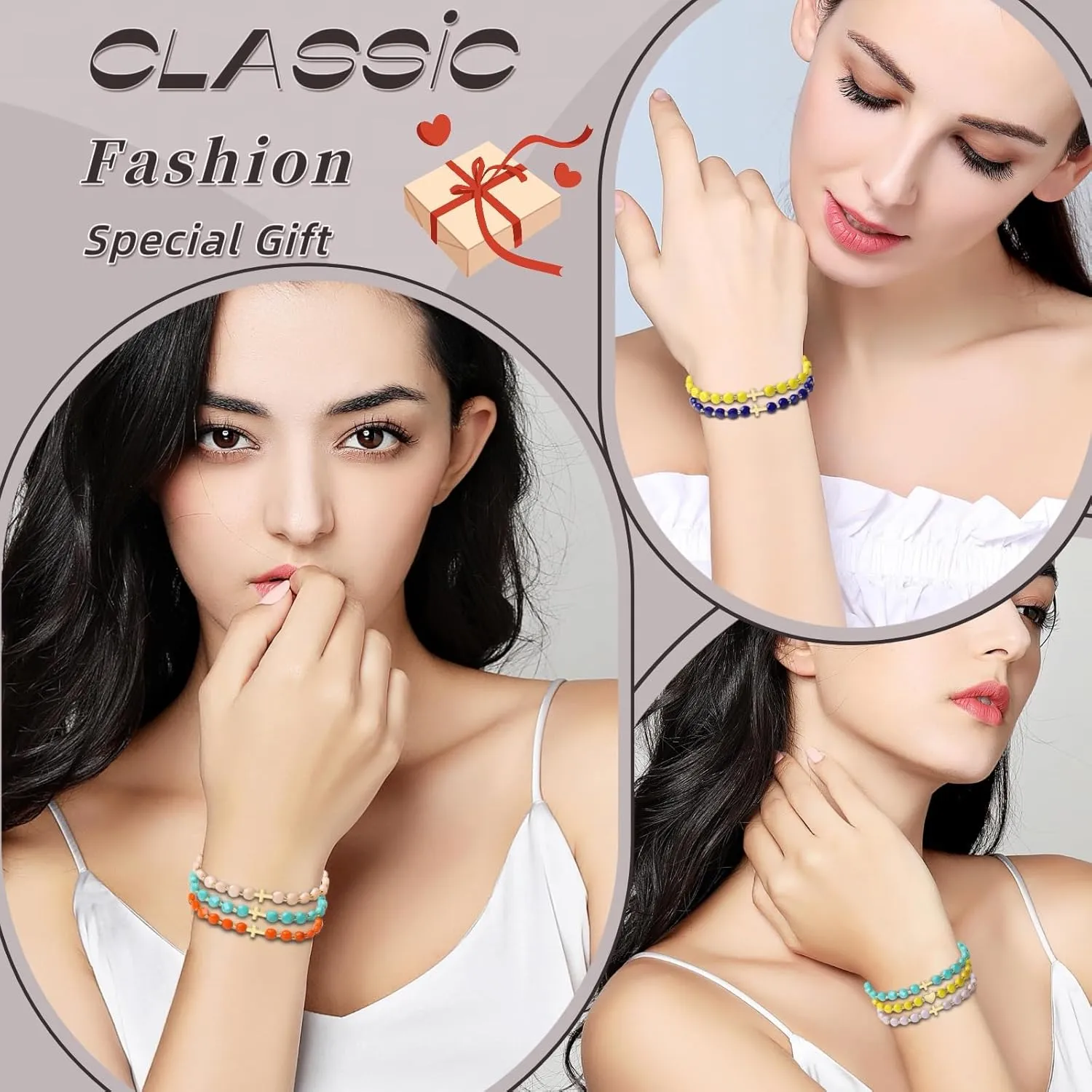 18K Gold Cross Bracelet for Women with 4MM Austrian Crystal - Handmade Stretch Jewelry Original Christian Gifts (Mint Porcelain)