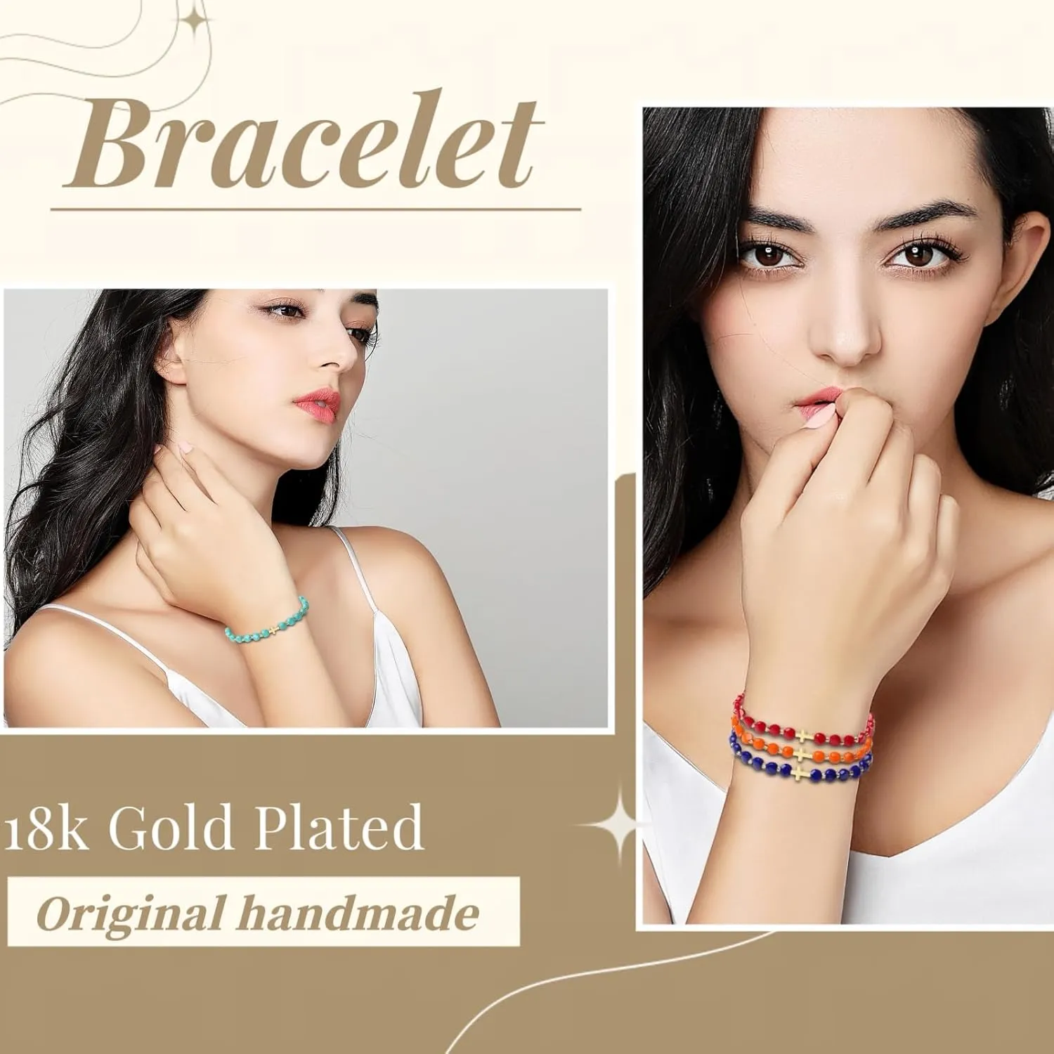 18K Gold Cross Bracelet for Women with 4MM Austrian Crystal - Handmade Stretch Jewelry Original Christian Gifts (Mint Porcelain)